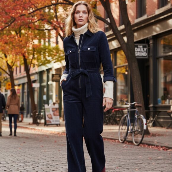 Boden Cord Utility Jumpsuit Navy Blue Corduroy Jumpsuit Size 12 - Picture 1 of 11